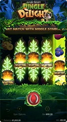 Jungle Delight · Pemeriksaan nilai Bet, Balance, dan panel kontrol bawah.