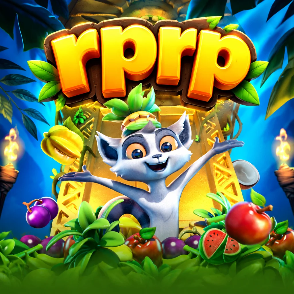 Karakter lemur ceria dikelilingi aneka buah tropis di bawah logo rprp dalam Jungle Delight