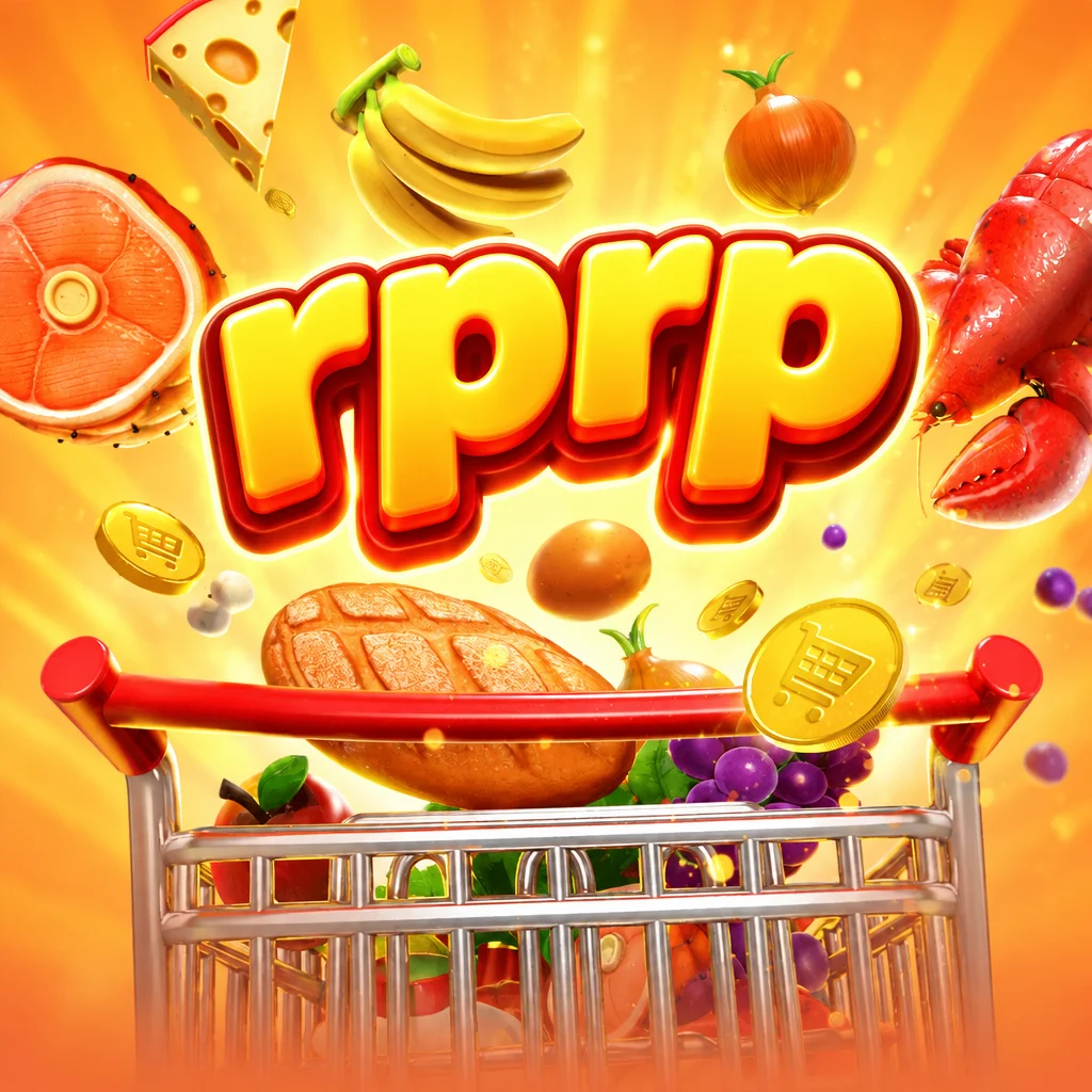 Logo rprp dengan troli belanja penuh bahan makanan seperti roti, buah, dan lobster dalam Sprmkt Spree